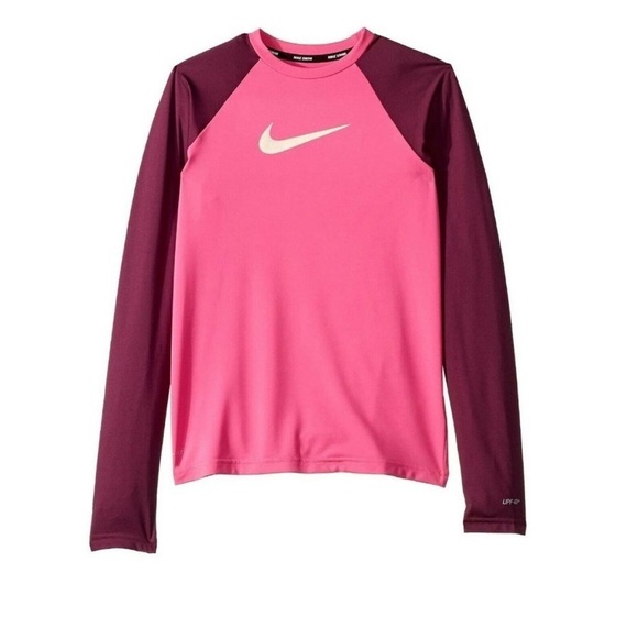 Nike Swim Flash Colorblocked Hydroguard Rash Guard Swimsuit Top Pink - Picture 10 of 11